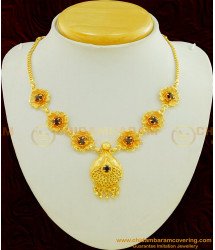 NLC459 - Unique Party Wear Ruby Stone Flower Design Short Necklace for Women