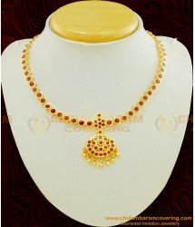 NLC468 - Traditional Full Red Stone Flower Design Attigai High Quality Necklace Online