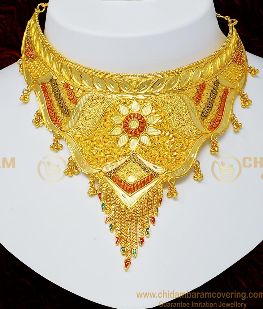 NLC495 - Traditional Gold Choker Design Forming Gold Plated Necklace with Long Earring Indian Choker Necklace Set 