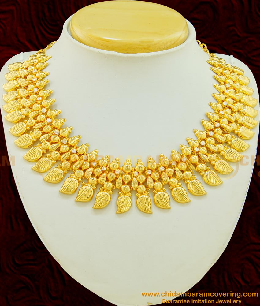 NLC506 - Wedding Collections Kerala Gold White Stone Necklace Design Imitation Jewellery Online   