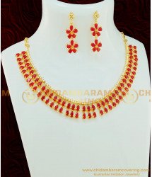 NLC523 - One Gram Gold Ruby Stone Necklace with Earring Party Wear Full Ruby Red Stone Necklace Set 