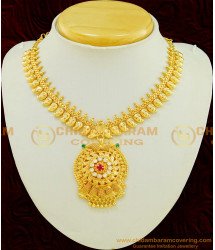 NLC528 - New Kerala Pattern Mango Necklace One Gram Gold Plated Ad Stone Wedding Gold Necklace Designs Online