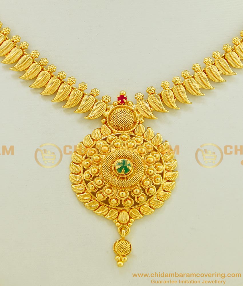 NLC530 - Elegant Small Leaf Design Necklace Simple Emerald Stone Gold Plated Necklace for Women