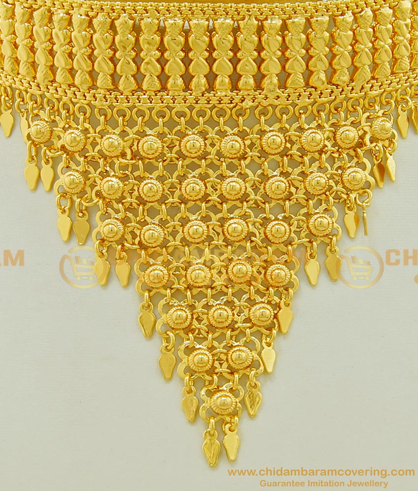 NLC539 - Kerala Style Gold Design Shiny Hanging Net elakkathali Necklace Design Indian Bridal Jewelry