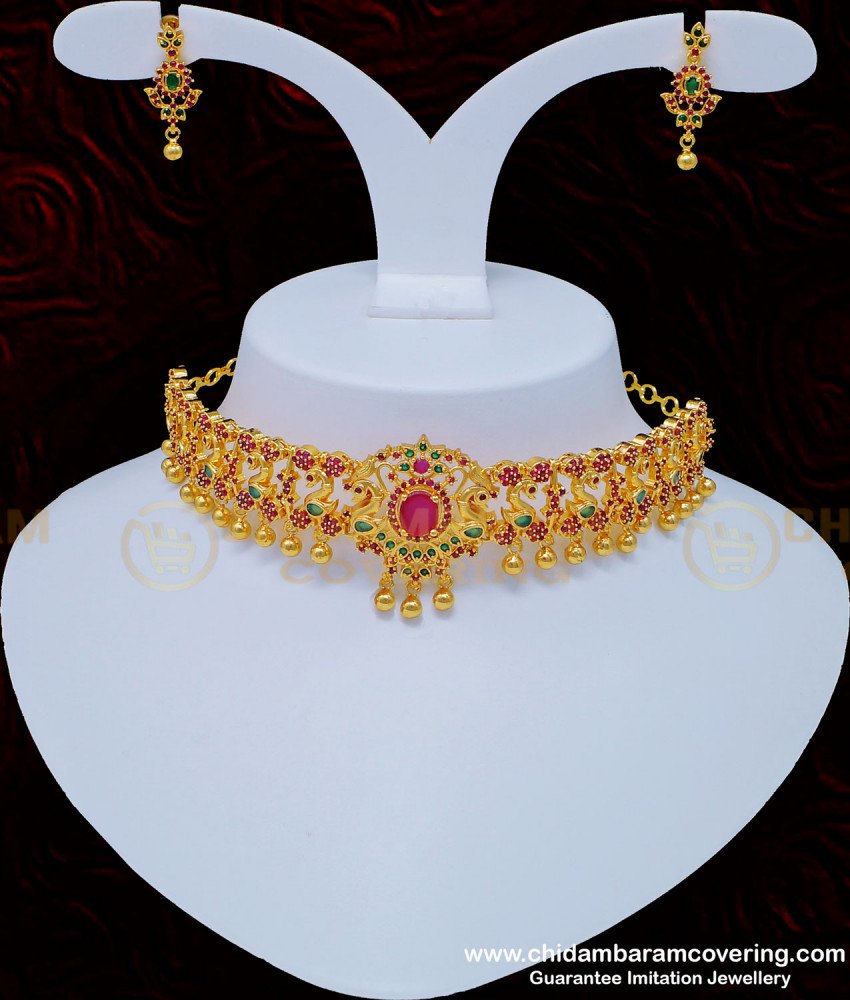 NLC542 - Latest Gold Plated Ad Stone Ruby Emerald Peacock Design Choker Necklace Set for Wedding Reception  