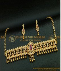 NLC543 - Party Wear Sparkling White and Ruby Stone Peacock Design Modern Choker Necklace Set for Lehenga 