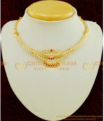 NLC550 - Latest Design Impon Attigai Necklace White And Ruby Stone Gold Design Necklace Thick Metal Jewellery 