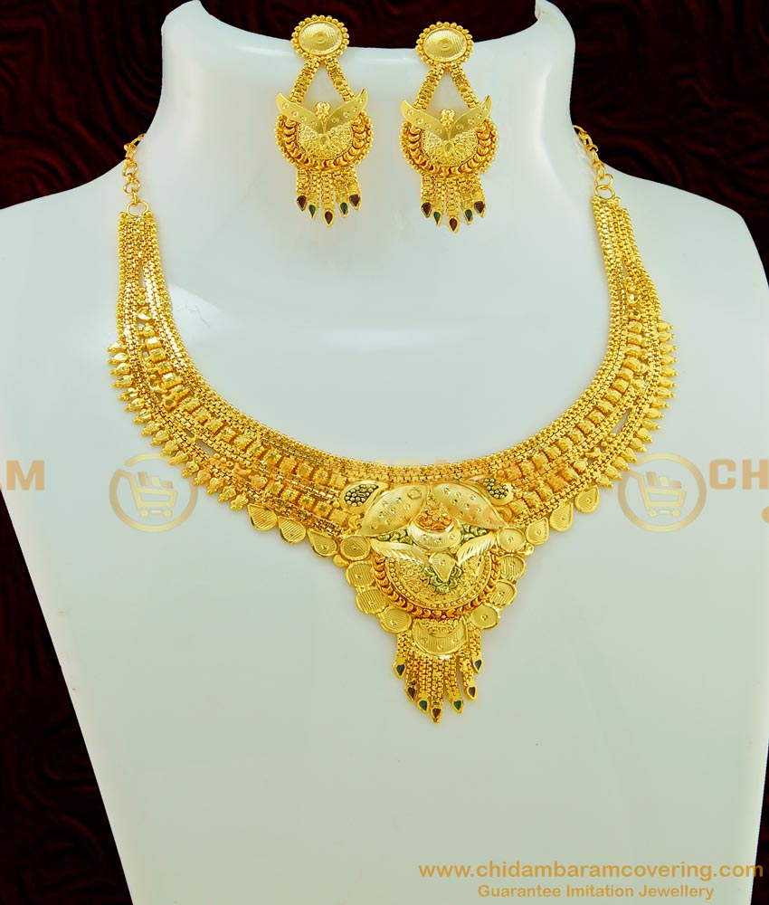 NLC557 - Traditional Gold Necklace Design First Quality Jewellery Enamel Forming Gold Necklace with Earring Combo Set 