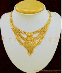NLC567 - Grand Gold Look Bridal Wear Three Layer Flower Design Necklace Best Price