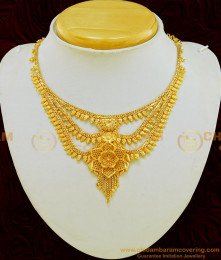 NLC569 - Attractive 3D Flower Design Gold Plated 3 Step Gold Necklace Design for Marriage 