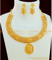 NLC576 - Elegant Pure Gold Plated Gold Design Heavy Party Wear Unique Necklace Set Design Online