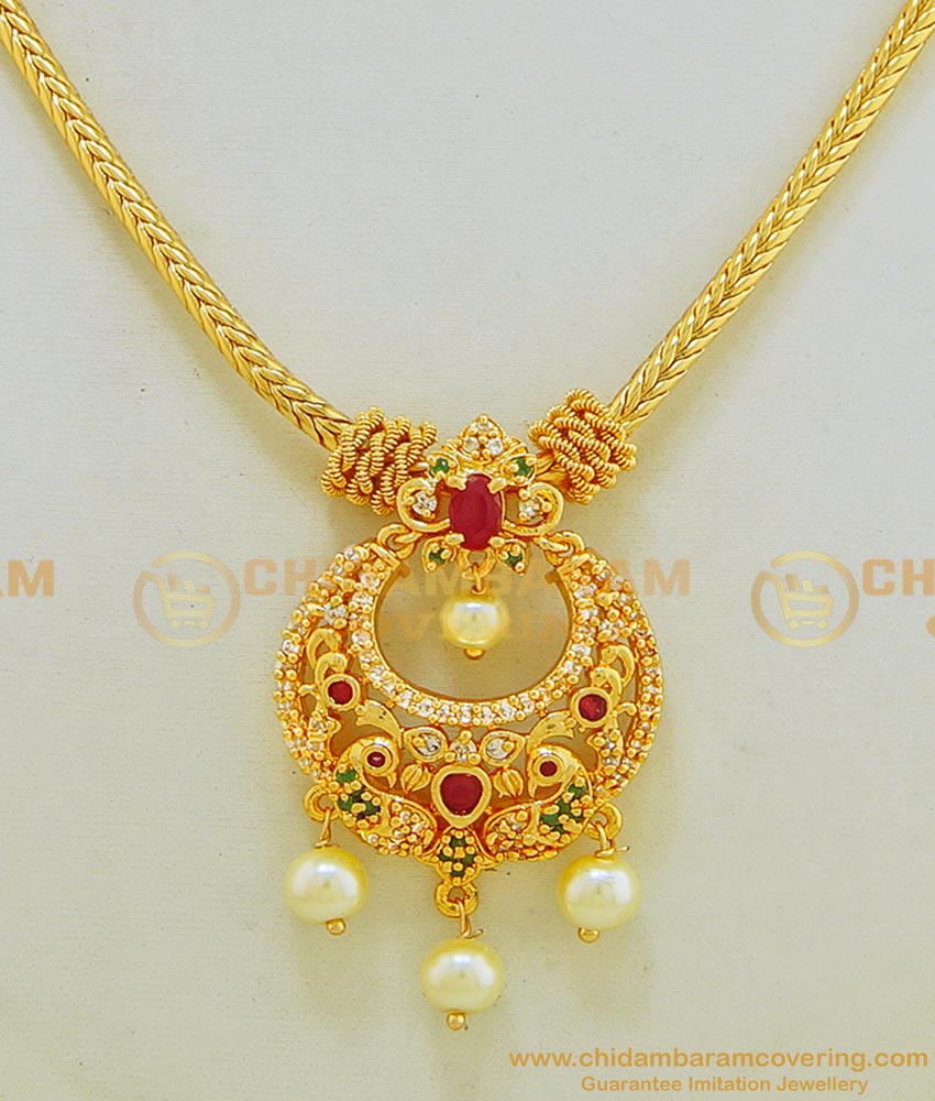 NLC578 - Beautiful One Gram Gold Pearl Beading Multi Color Stone Peacock Pendant Chain Necklace 