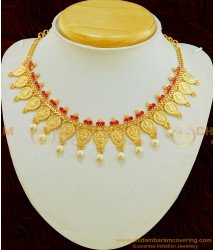 NLC582 - Semi Precious Gold Plated Light Weight Ruby Stone With Pearl Beading Lakshmi Necklace Online