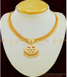 NLC583 - Traditional Gold Plated Impon Peacock Pendant with Mango Design Chain Attigai Necklace Online