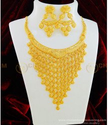 NLC607 - Dubai Gold Jewellery Real Gold Design Grand Look Full Covered Broad Necklace with Earring for Wedding