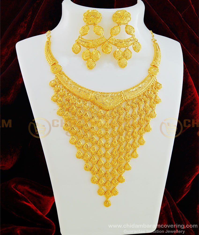 NLC607 - Dubai Gold Jewellery Real Gold Design Grand Look Full Covered Broad Necklace with Earring for Wedding