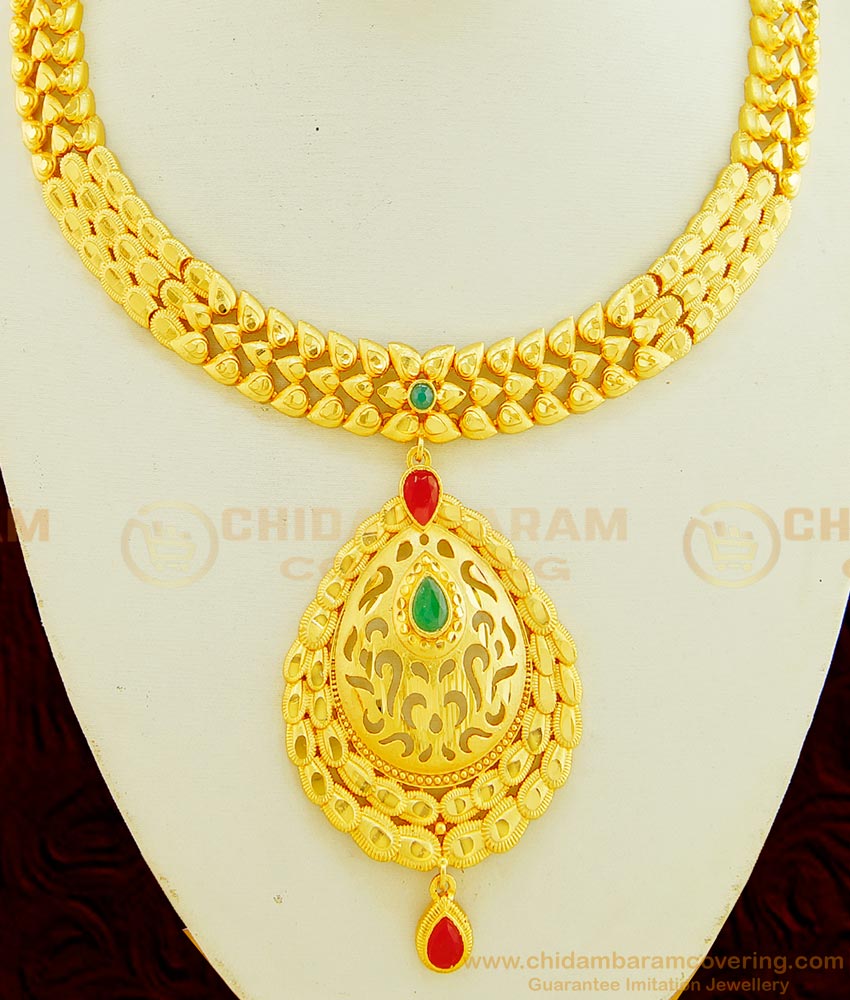 NLC608 - Indian Bridal Ruby Emerald Forming Gold Necklace with Earring Imitation Jewellery
