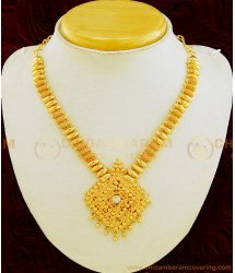 NLC614 - New Kerala Style One Gram Gold Plated Net Pattern Single Stone Necklace 