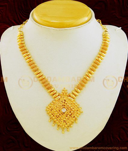 NLC614 - New Kerala Style One Gram Gold Plated Net Pattern Single Stone Necklace 