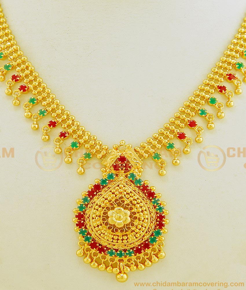 NLC615 - Attractive Ruby Emerald Stone Gold Plated Bridal Stone Necklace Designs for Wedding