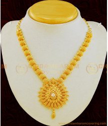 NLC641 - Kerala Style Net Design White Stone Jewellery Gold Covering Necklace 