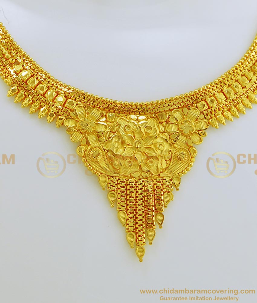 NLC666 - Buy Gold Forming Plain Flower Design Forming Necklace and Earring Set Buy Online