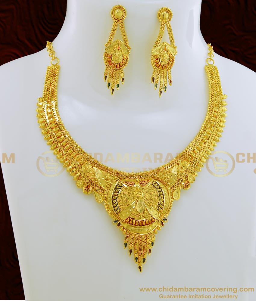 NLC669 - Bridal Wear First Quality Enamel Forming Gold Necklace with Earring Combo Set For Wedding