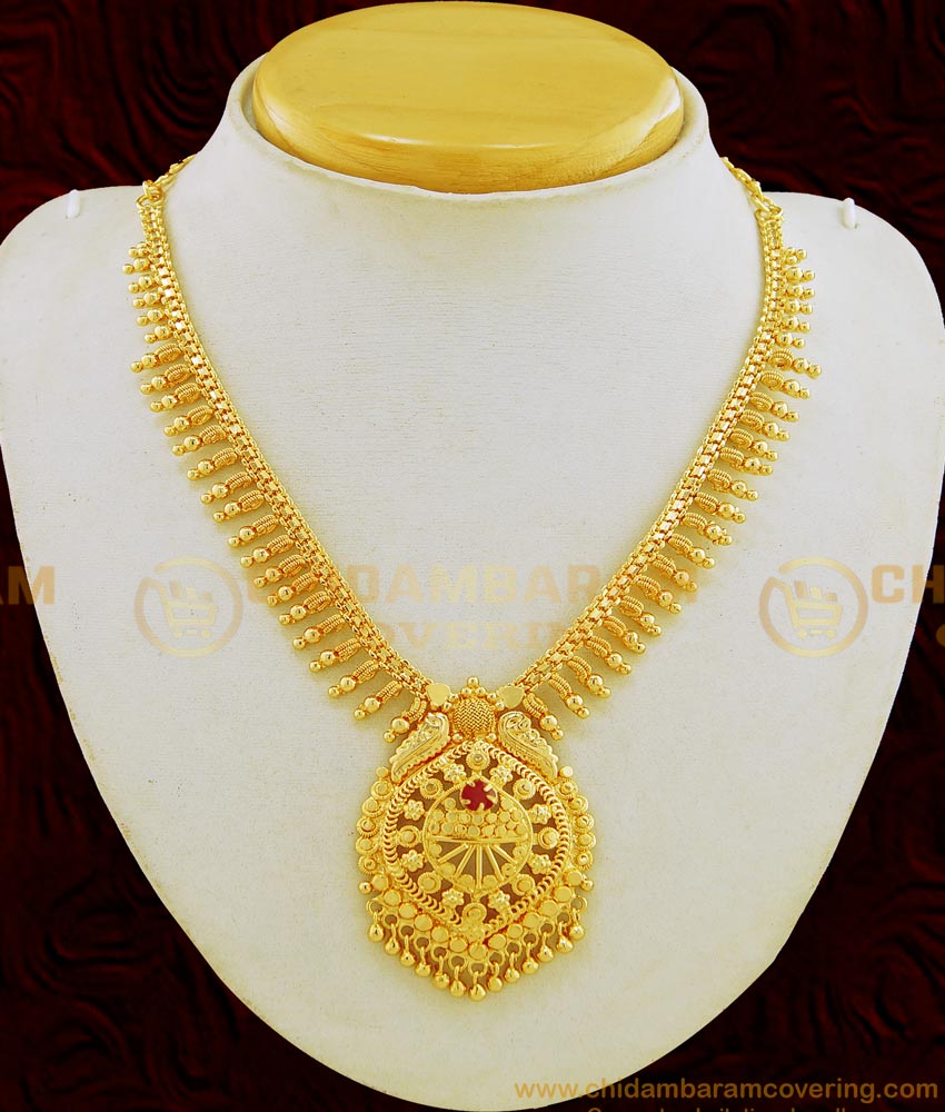 NLC676 - New Kerala Style One Gram Gold Plated Single Stone Necklace for Wedding