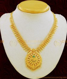 NLC677 - Latest Collection New Kerala Style One Gram Gold Plated Single Emerald Stone Necklace 