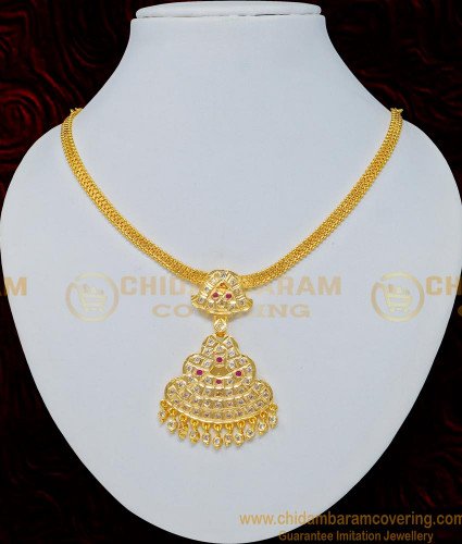 NLC689 - Pure Gold Plated Gold Color Impon Guaranteed Stone Attigai Necklace 