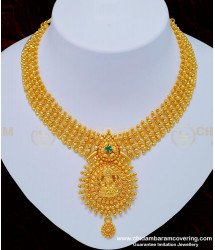 NLC757 - Beautiful Lakshmi Design Emerald Stone Marriage Bridal Gold Necklace Designs Buy Online