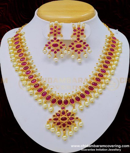 NLC765 - Indian Wedding Heavy Kemp Stone High Quality Gold Plated Pearl Necklace With Earrings Online   