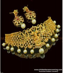 NLC767 - Gold Plated Bridal Wear Ad Stone Lakshmi Design Small Choker Necklace with Earing Set Online