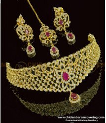 NLC769 - Bridal Wear American Diamond White and Ruby 1 Gram Gold Imitation Choker Necklace Set