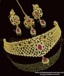NLC769 - Bridal Wear American Diamond White and Ruby 1 Gram Gold Imitation Choker Necklace Set