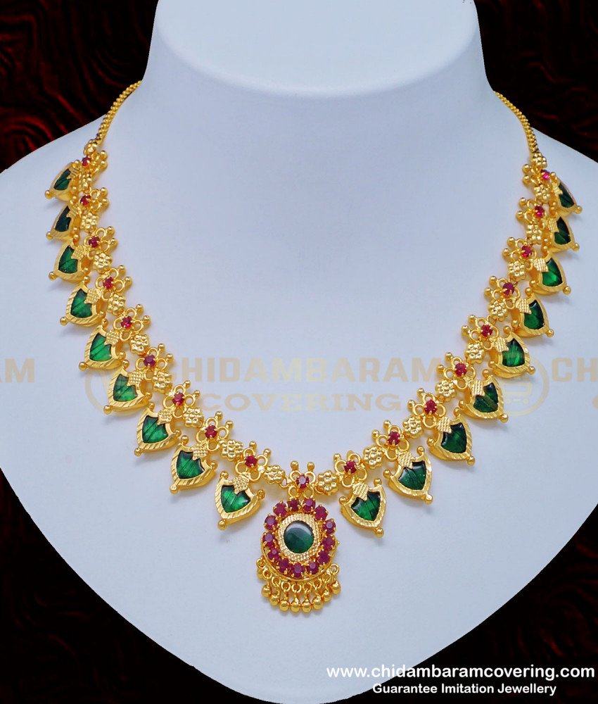 green palakka necklace, one gram gold palaka mala, kerala jewellery,palaka necklace, kerala jewellery, one gram gold jewelry, gold covering, chidambaram covering,  