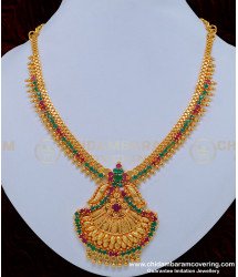 NLC856 - Gold Plated Ruby Emerald Stone Marriage Bridal Gold Necklace Designs 