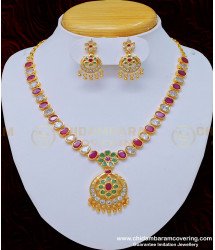 NLC876 - Wedding Gold Necklace Design American Diamond White and Ruby Stone Impon Necklace Set Online