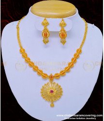 NLC889 - One Gram Gold Guarantee Necklace Flower Pendant Stone Necklace with Earrings Online 