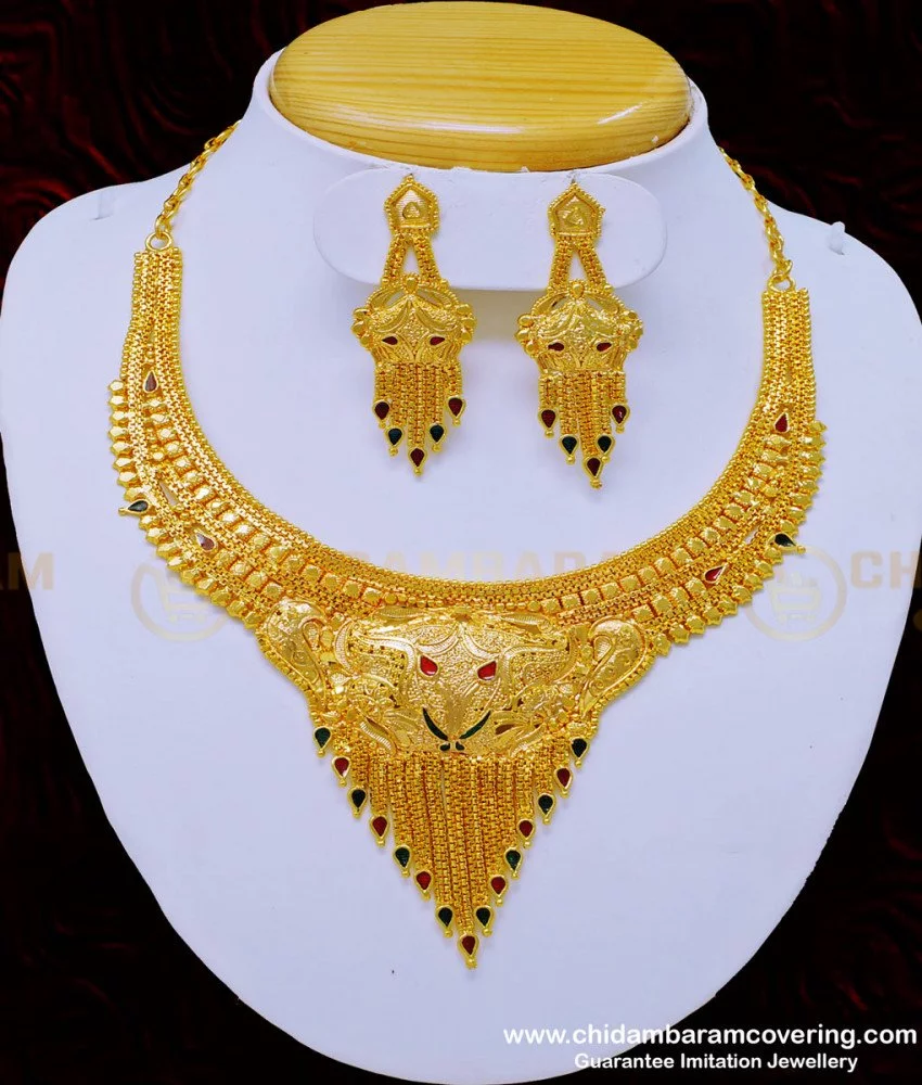 Chakra Design Bengali Bridal Gold Plated Necklace With Earrings – THE  ALANKARA