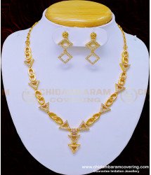 NLC908 - Modern Simple White Stone Necklace with Earrings One Gram Gold Jewellery Online 