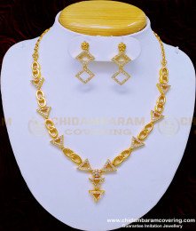 NLC908 - Modern Simple White Stone Necklace with Earrings One Gram Gold Jewellery Online 