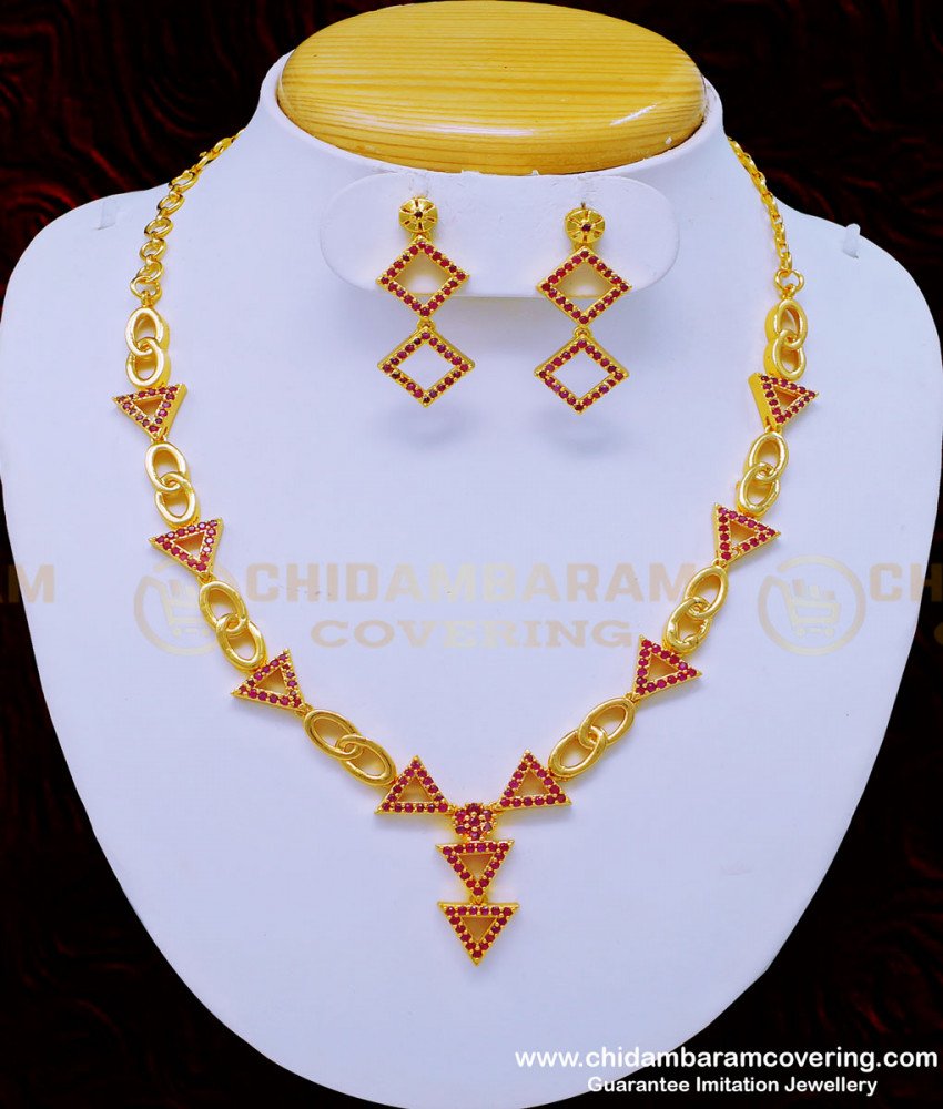 white stone necklace, ad stone jewellery, ad necklace set, necklace with earrings, one gram gold jewellery, gold covering jewellery, ruby  stone necklace set, 