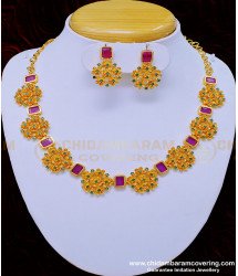 NLC912 - Attractive Gold Plated Bridal Wear Flower Design Pink Stone Necklace With Earrings Online 
