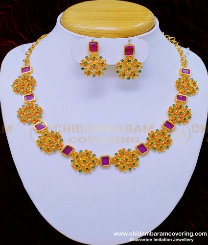 NLC912 - Attractive Gold Plated Bridal Wear Flower Design Pink Stone Necklace With Earrings Online 