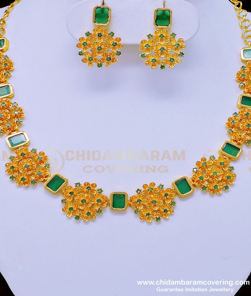 kerala jewelry, necklace, white stone jewellery, necklace set, necklace with earrings, one gram gold jewellery, gold covering jewellery, cz stone necklace, ad stone necklace,