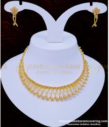 NLC915 - Elegant Modern Diamond Pattern White Stone Necklace with Earring One Gram Gold Choker Necklace Set  