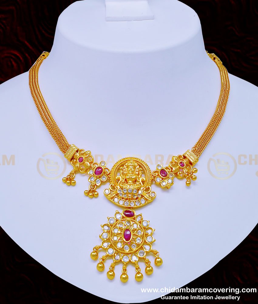 ad stone jewellery, white stone necklace, white stone jewellery, Lakshmi necklace set, necklace with earrings, one gram gold jewellery, gold covering jewellery, cz stone necklace, ad stone necklace,