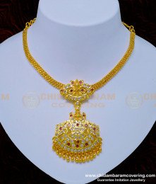 NLC926 - Thick Metal Lakshmi Dollar Design White and Ruby Stone Guarantee Impon Attigai Necklace Buy Online