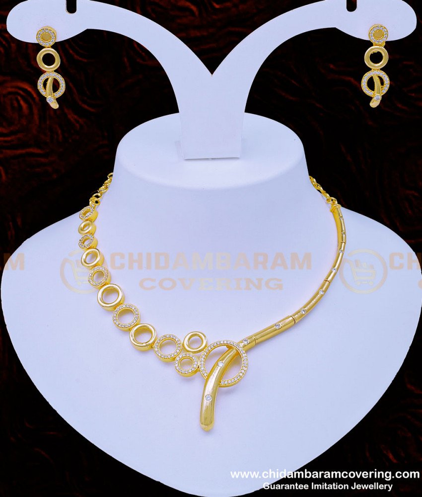 rose gold necklace, rose gold necklace set, white stone jewellery, white stone necklace, ad necklace set, imitation necklace set, artificial necklace set, 
